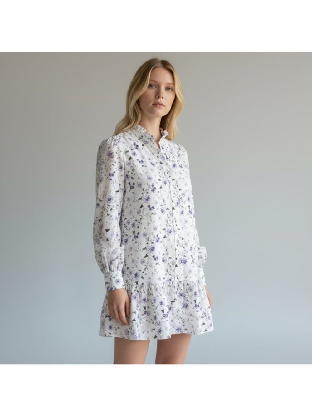 The Kooples Short Printed Dress 0 XS Floral Long Sleeves Ruffles Preppy Classic